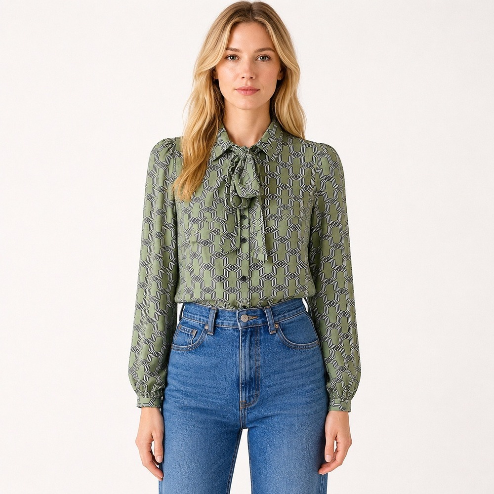 Emerson Fry Blouse Large Green‎ Geometric Trellis Tie Neck Bow Button Down Top